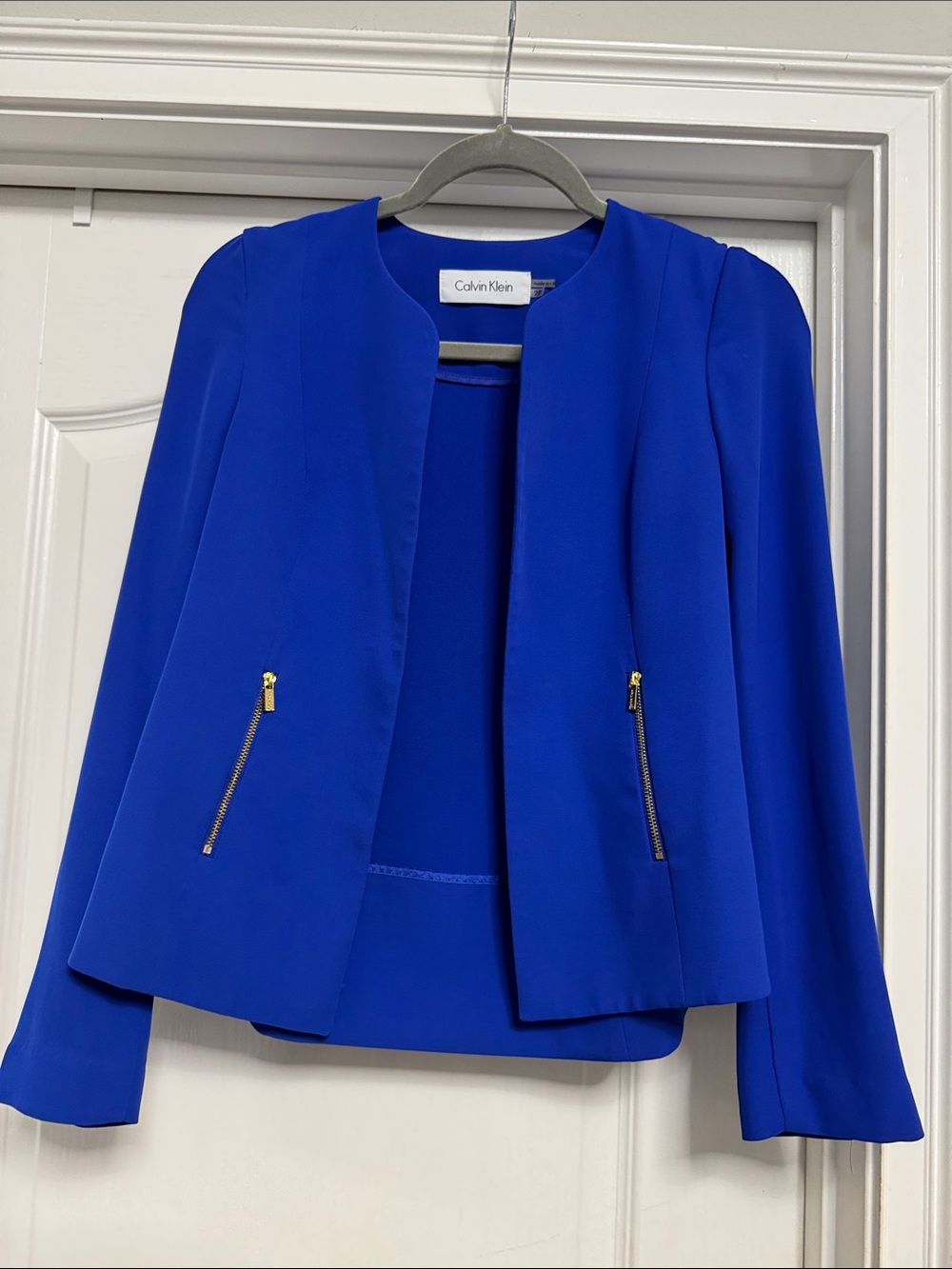 Calvin Klein Cobalt Blue Open-Front Blazer with Gold Zippers